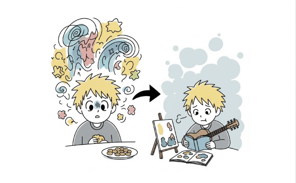 ציור של שני ילדים עצובים. אחד אוכל עוגיה והשני עצוב עם כינור